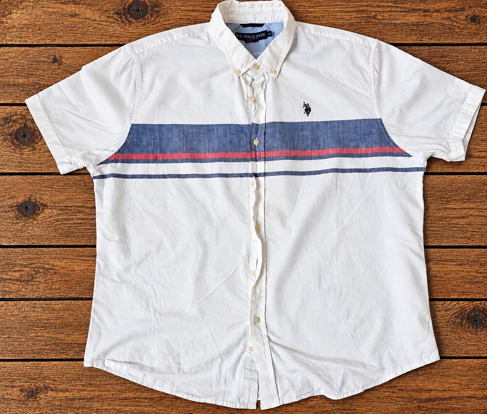 U.S. Polo Assn Mens 2XL Shirt White Blue Red Cotton Short Sleeve Button Up
